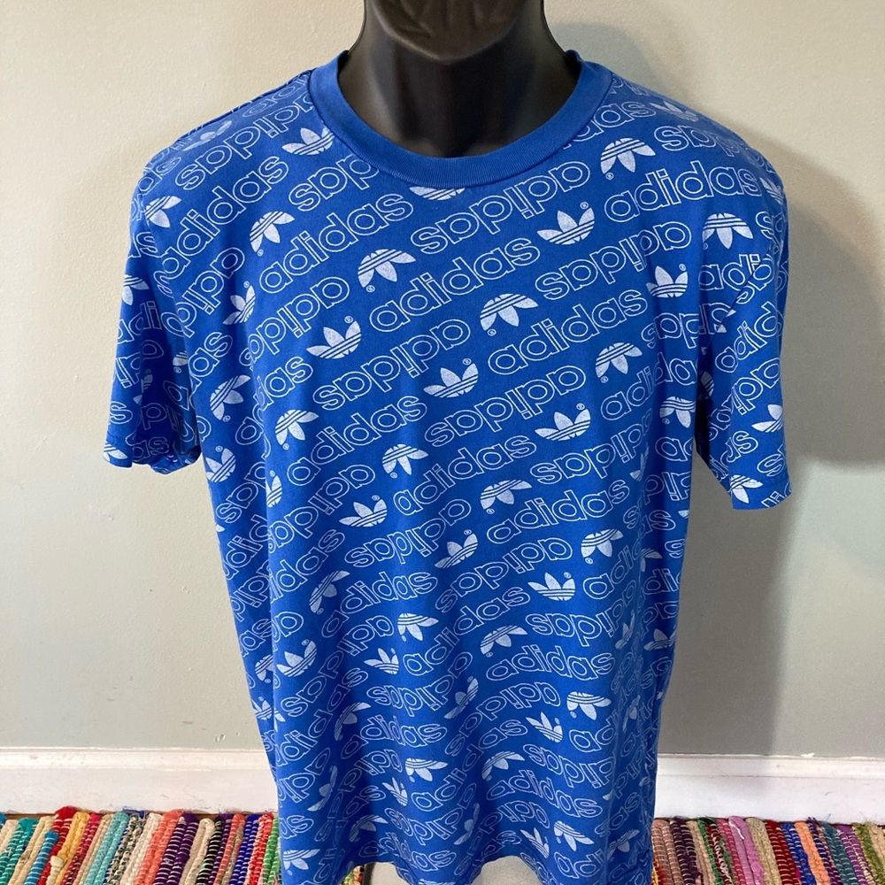 90s Adidas Trefoil Logo All Over Print Shirt Blue Large